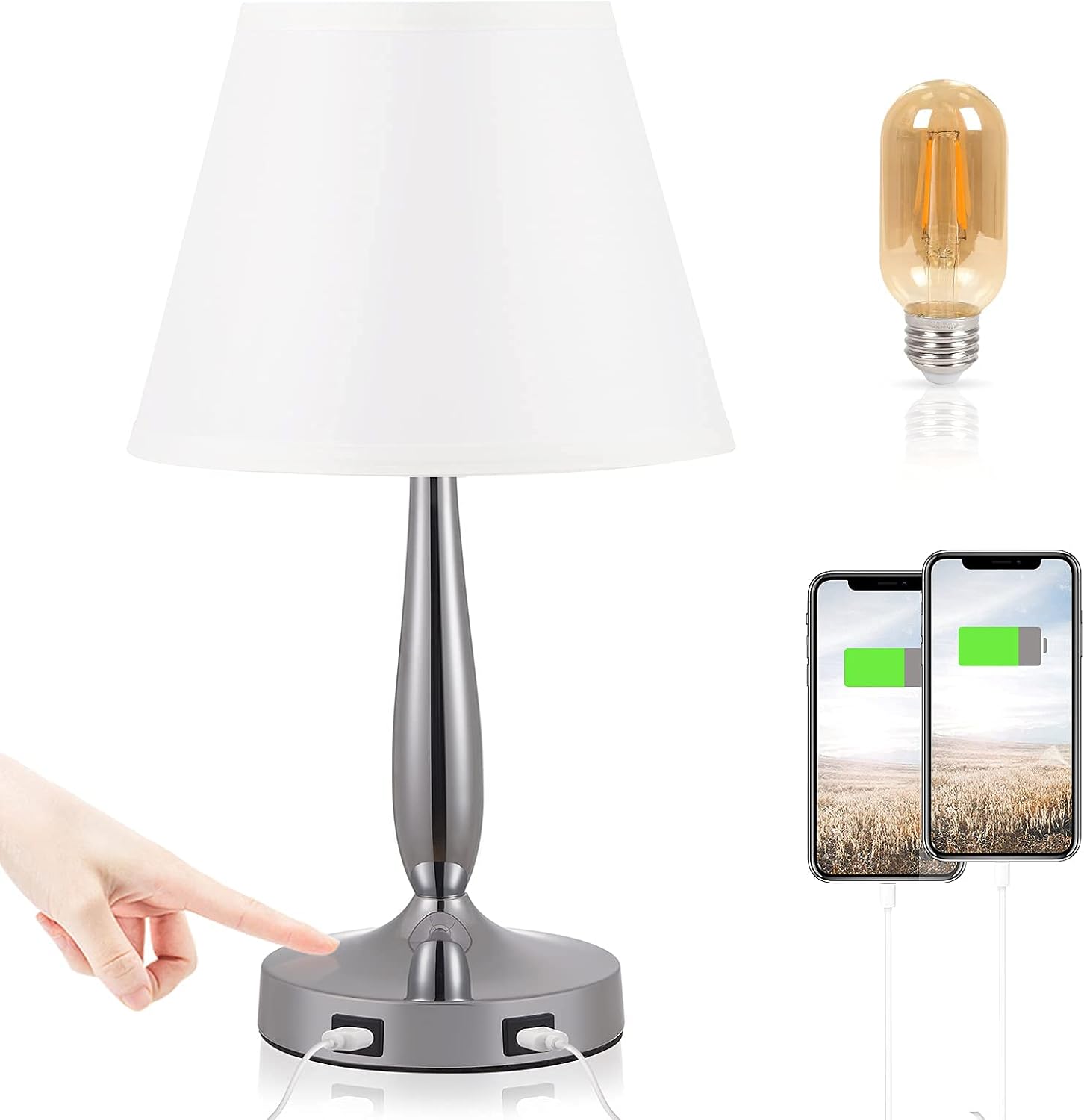 Kakanuo Touch Control Table Lamp with USB Ports, Touch Bedside Lamp with White Lampshade and Metal Base, 3 Way Dimmable Nightstand Lamp for Bedroom Living Room and Office (LED Bulb Included)