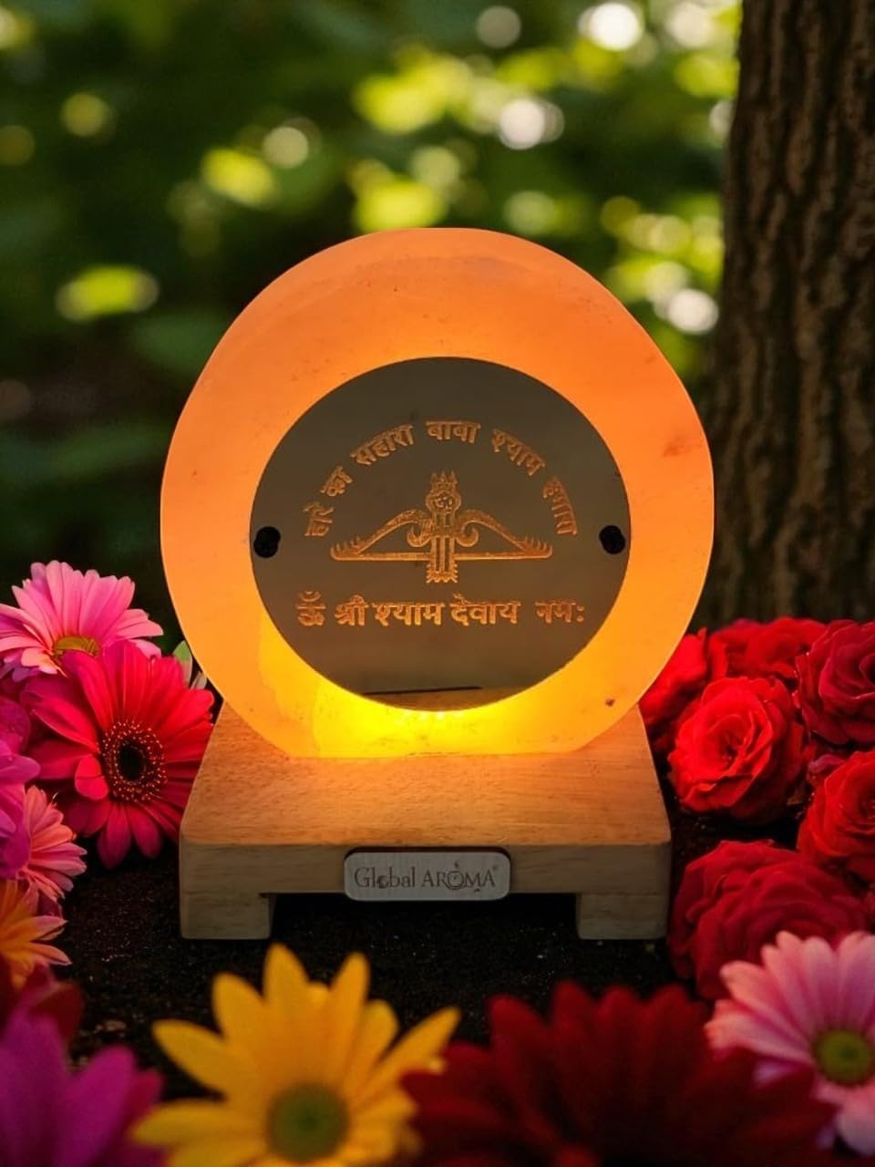 Himalayan Rock Salt Lamp with Khatu Shyam Ji Design on Acrylic Plate