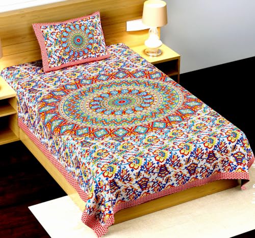 Image of RajasthaniKart Pure 100% Cotton Single Bed Sheet with 1 Pillow Cover (Bedsheet for Single Bed Cotton, Red Ghera)