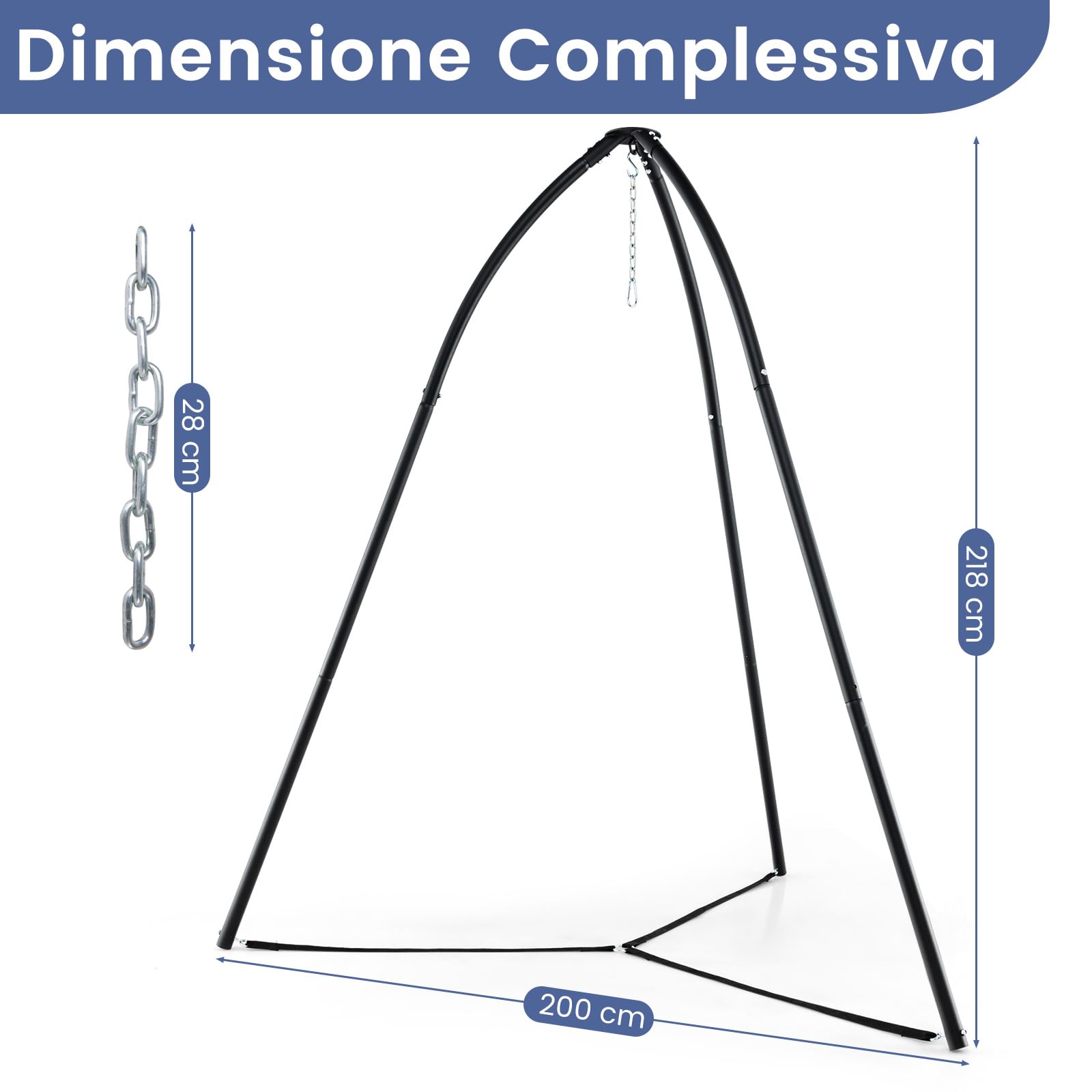 COSTWAY Supporto per Sedia Sospesa, Supporto per Sedia Altalena in Metallo con Catena Sospesa, Supporto per Altalena a Triangolo, Portata 200 kg, per Patio, Giardino