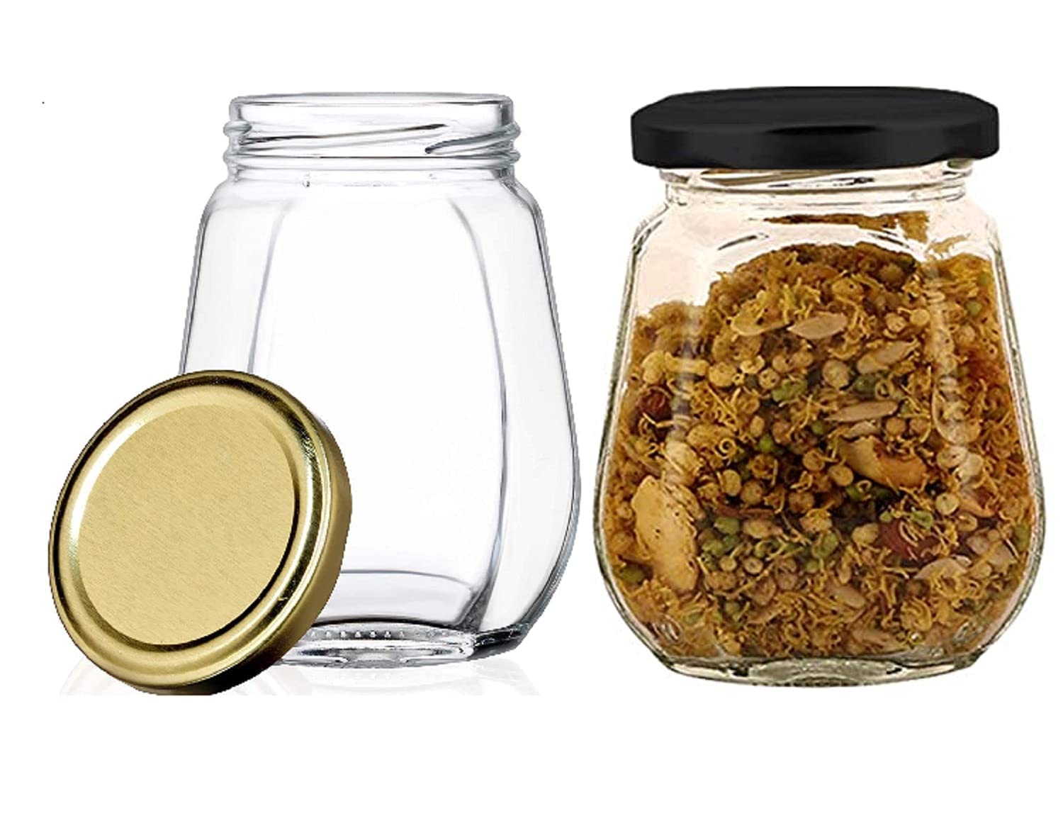 Sunshine Global Source Octagonal Glass Jar Container (375 ml) with Rust Proof Air Tight Lid, Suitable to use in Home/Office/Kitchen forBeverages/oils/ghee/jams/pickle Set (6) (6)