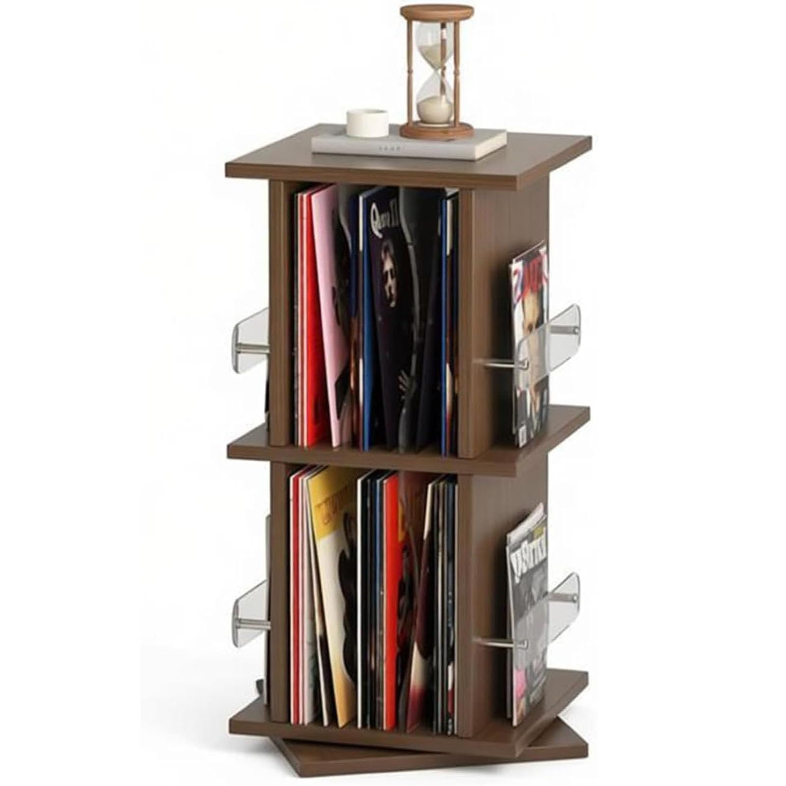 Mobile Porta Dischi In Vinile Girevole A 360°, A 2 Ripiani In Legno Massello, Con Capacità Da 26 A 56 Dischi, Portata Massima 20 Kg, Ideale Per Dischi In Vinile, Libri, Riviste E Cd. A