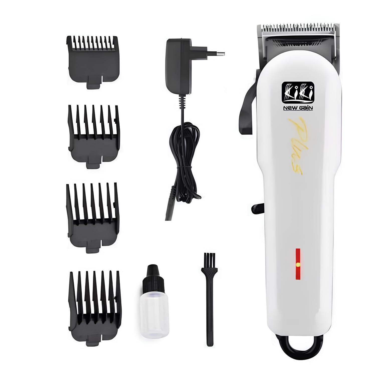 NG-699 Plus Salon Series Professional Cordless Hair Clipper 6000 RPM Powerful rotary Motor High Carbon steel 4 Guide Comb charging adaptor Taper Lever Adjustment Runtime: 300 min, White