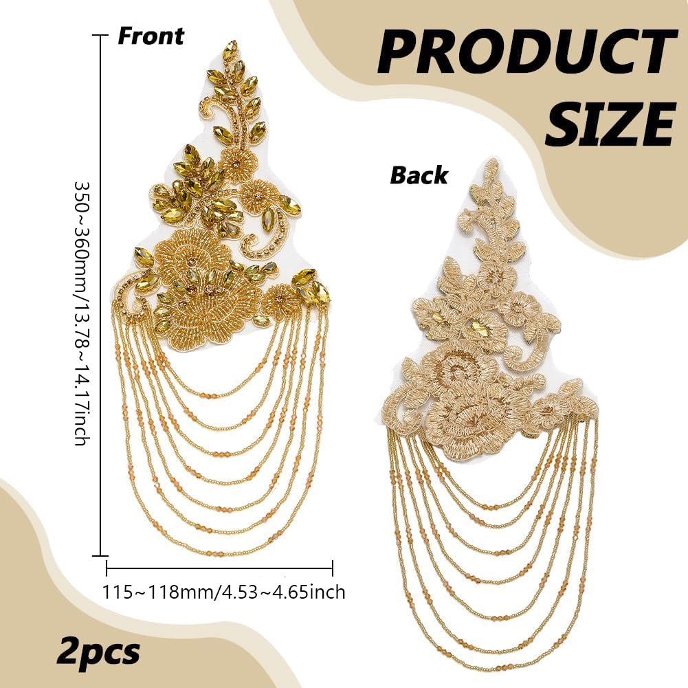 FINGERINSPIRE 1 Paar Strass-Applikation für Kleidung, goldene Schulterklappen, Schulteraufnäher, Nähen, Strass, Perlen, Quaste, Applikation für Hochzeitskleid, DIY-Zubehör
