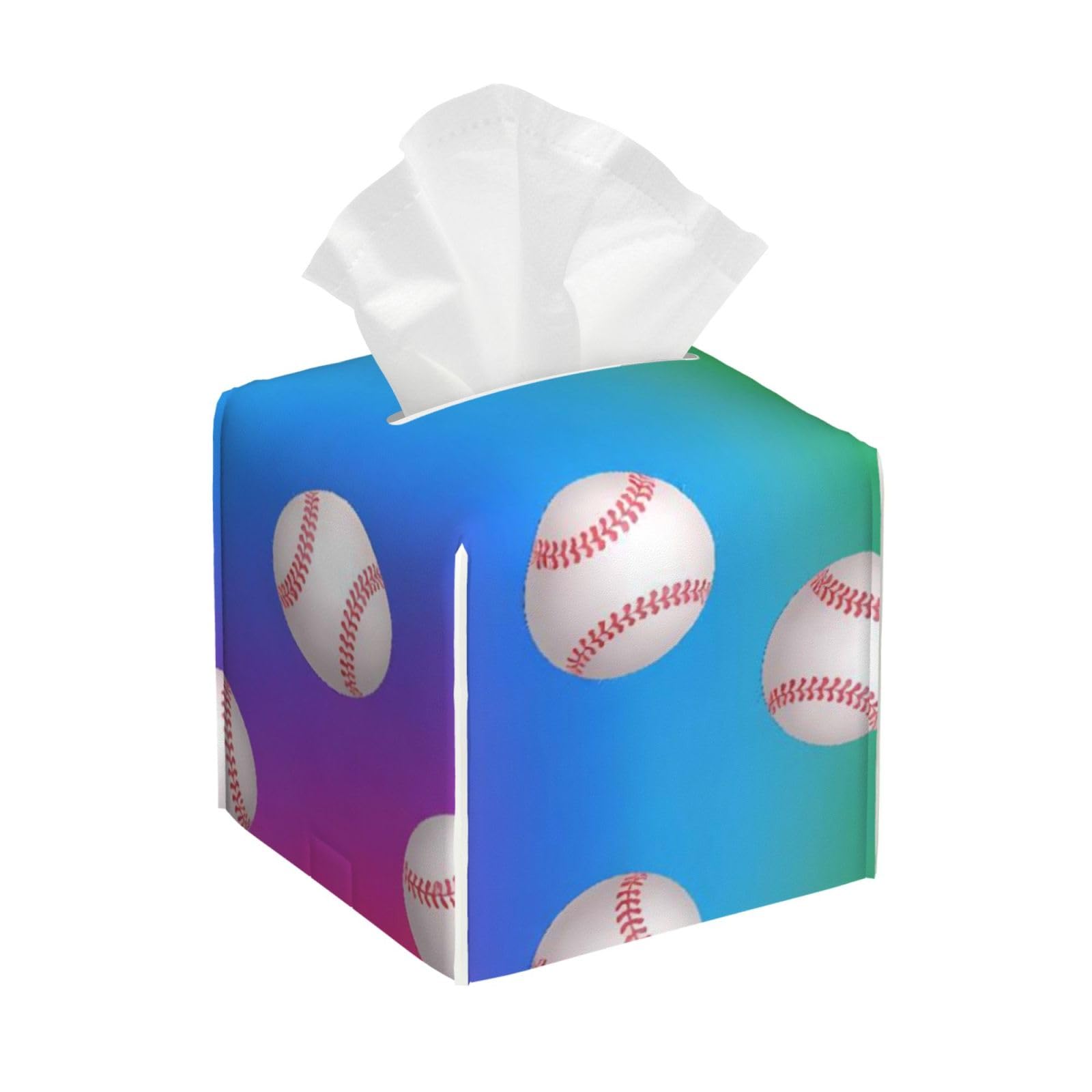 Colorful Baseballs Leather Tissue Box Cover Holder Square Facial Paper Organizer 5.2" X 5.2" X 5.2"