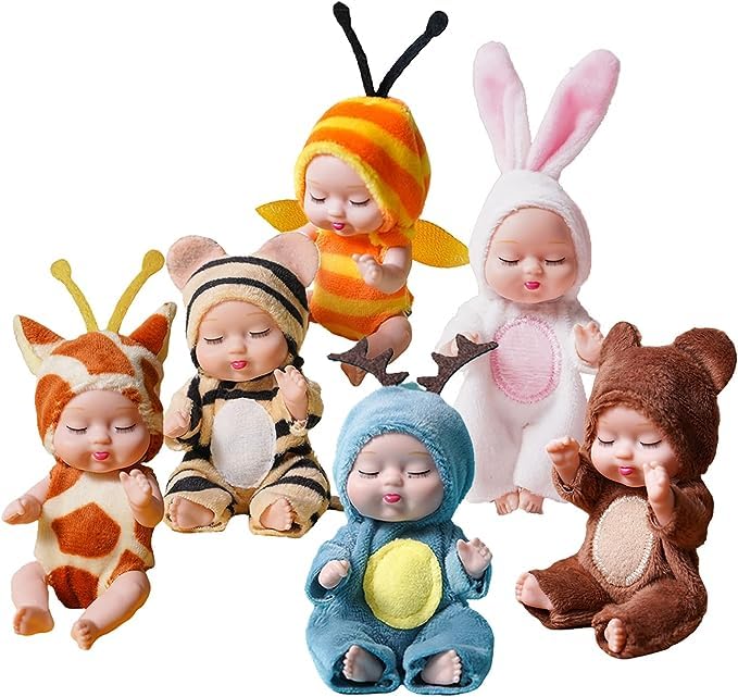 6 Sets 4 Inch Mini Reborn Baby Dolls with 6 Different Animal Clothes Lifelike Realistic Baby Dolls Cute Baby Doll Gifts Set for Girls Boys Toddlers Kids