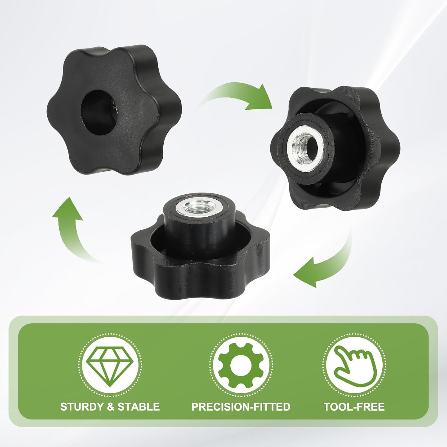 Clamping Nuts Knob Plastic Screw-On Iron Star Knobs Knurled M10 Female Threaded Hexagon Head, 1.9 Inch Head Diameter Fit for Lawn Mower Handle Machinery (6 Pack, Black)