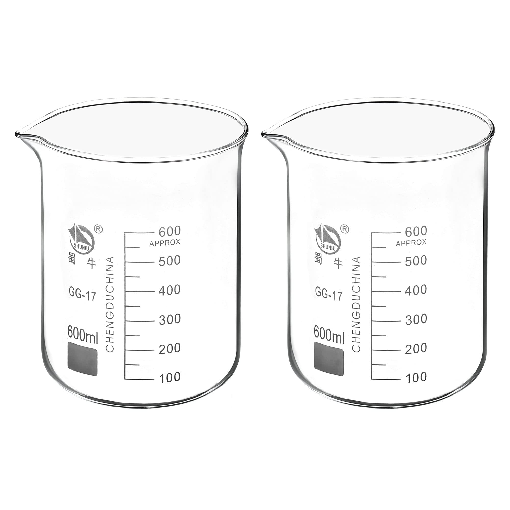 PATIKIL 600ml Bas Forme Verre Bécher, 2 Paquet 3.3 Borosilicate Verre Gradué Imprimé Échelle Tasses à Mesurer avec Bec Verseur pour Cuisine Laboratoire Liquides