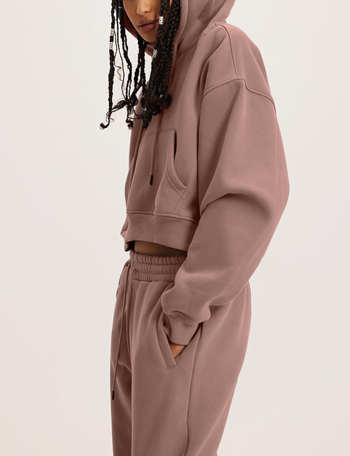 Flygo Womens Fleece 2 Piece Outfits Sweatsuit Crop Pullover Sweatshirt Joggers Pants Tracksuit Set - Image 4