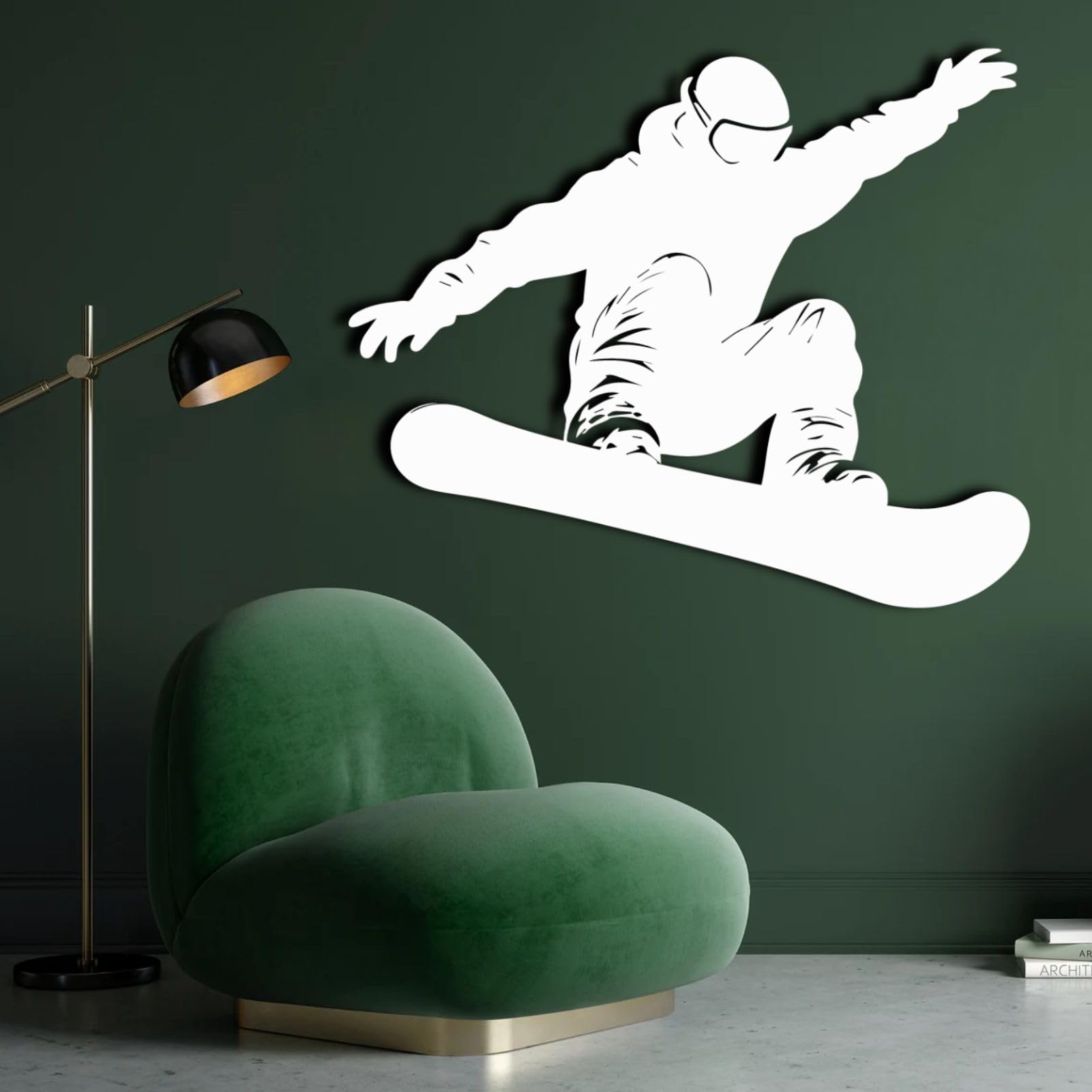 Arte murale in metallo con sagoma di snowboarder, 19×15 in, finitura nera