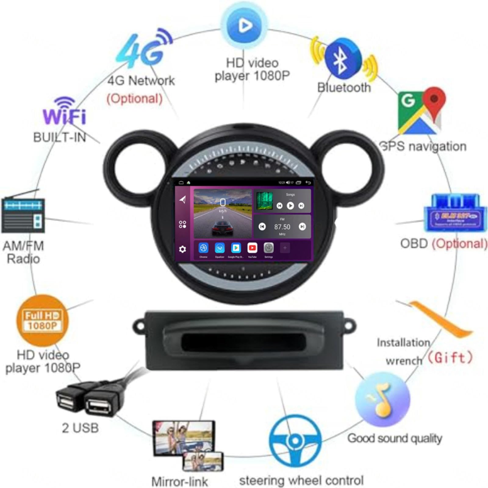 Android 16 Odtwarzacz Samochodowy Radio 9-calowy Ekran Dotykowy Multimedia Dla BMW Mini Cooper 2011-2013, Nawigacja Gps Obsługa Bluetooth 4g Wi-fi, Kamera Cofania Mirror Link,M109