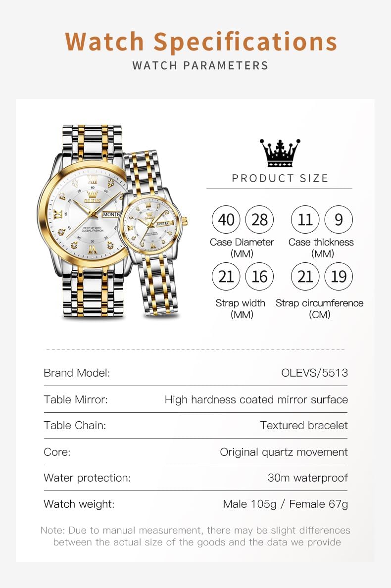 OLEVS Couple Watch Valentines Couple Matching Watches His and Her Couple Set Wrist Watch Men and Women Lovers Wedding Romantic Gifts Set of 2