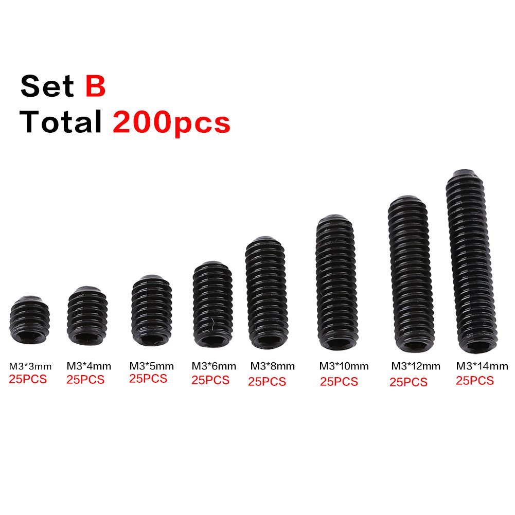 Confezione da 200 pezzi Viti per esagono incassato in acciaio al carbonio M3 Set di viti senza testa a tazza Set di kit di fissaggio per fissaggio a macchina