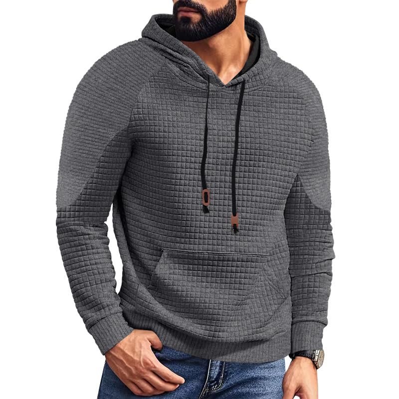 Mens Pullover Casaul Long Sleeve Hoodies Drawstring Waffle Knit Hooded Sweatshirt Slim Fit Lightweight Comfy Shirts Classic Solid Color Trendy Outfits Dark Grey XL