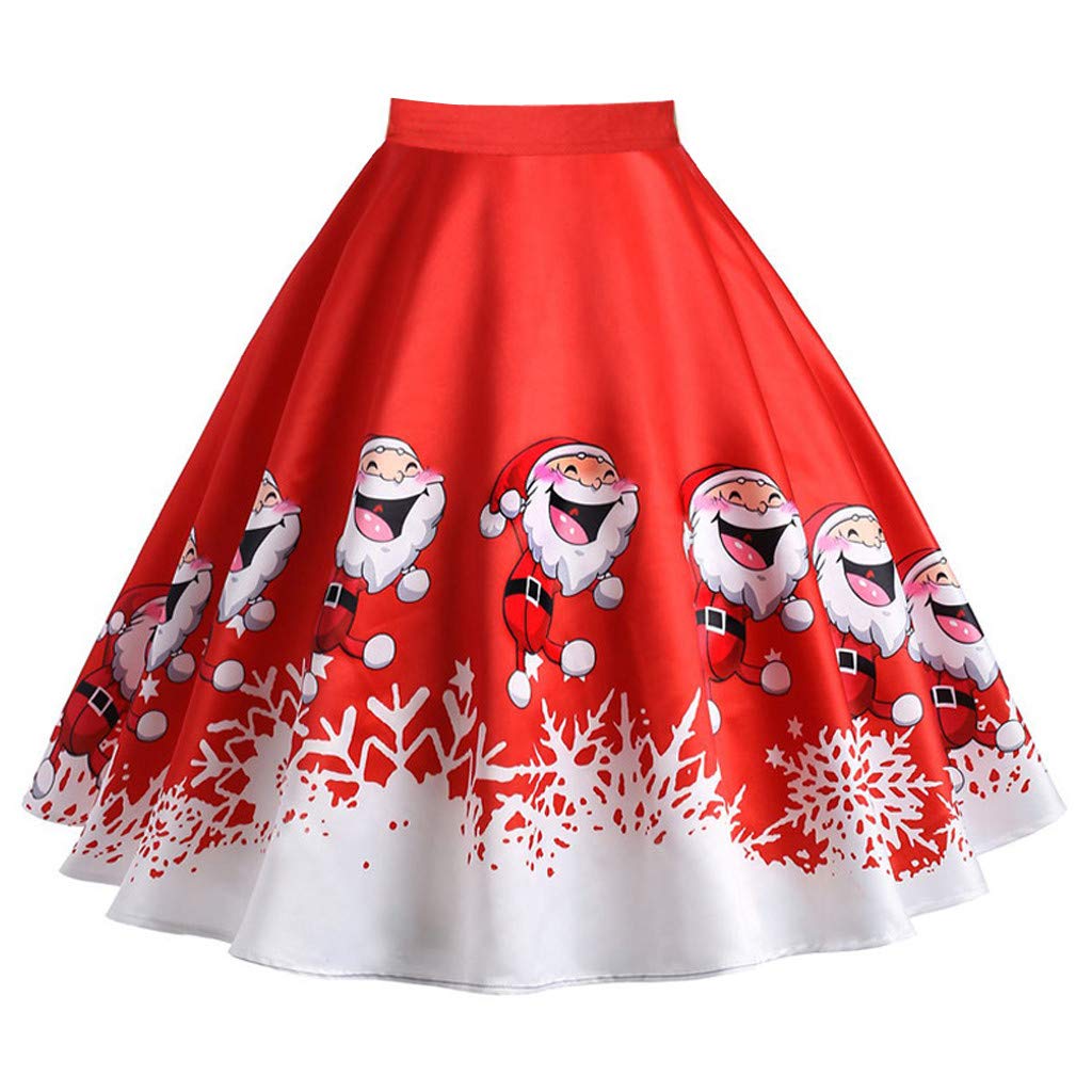 WOZOW Ladies Elegant Flare Tea Length Skirt 2018 Christmas Santa Print Vintage Waist Swing Skirt for Women (Red,L)