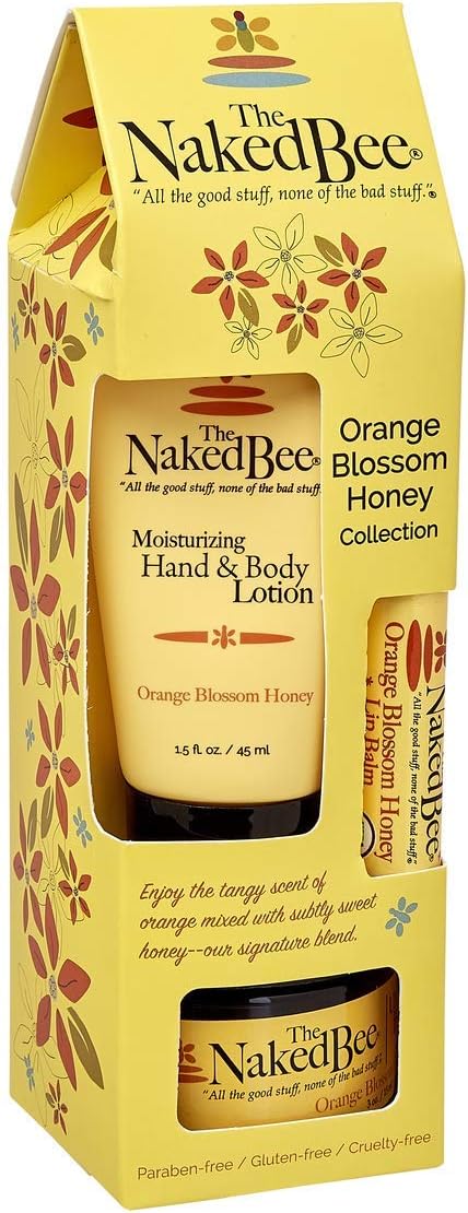 The Naked Bee Orange Blossom Honey Gift Collection. Body Butter, Body Lotion & Lip Balm Gift Set. Moisturising Body Care & Body Skin Care Collection. Moisturising Body Skincare Womens Gift Sets.