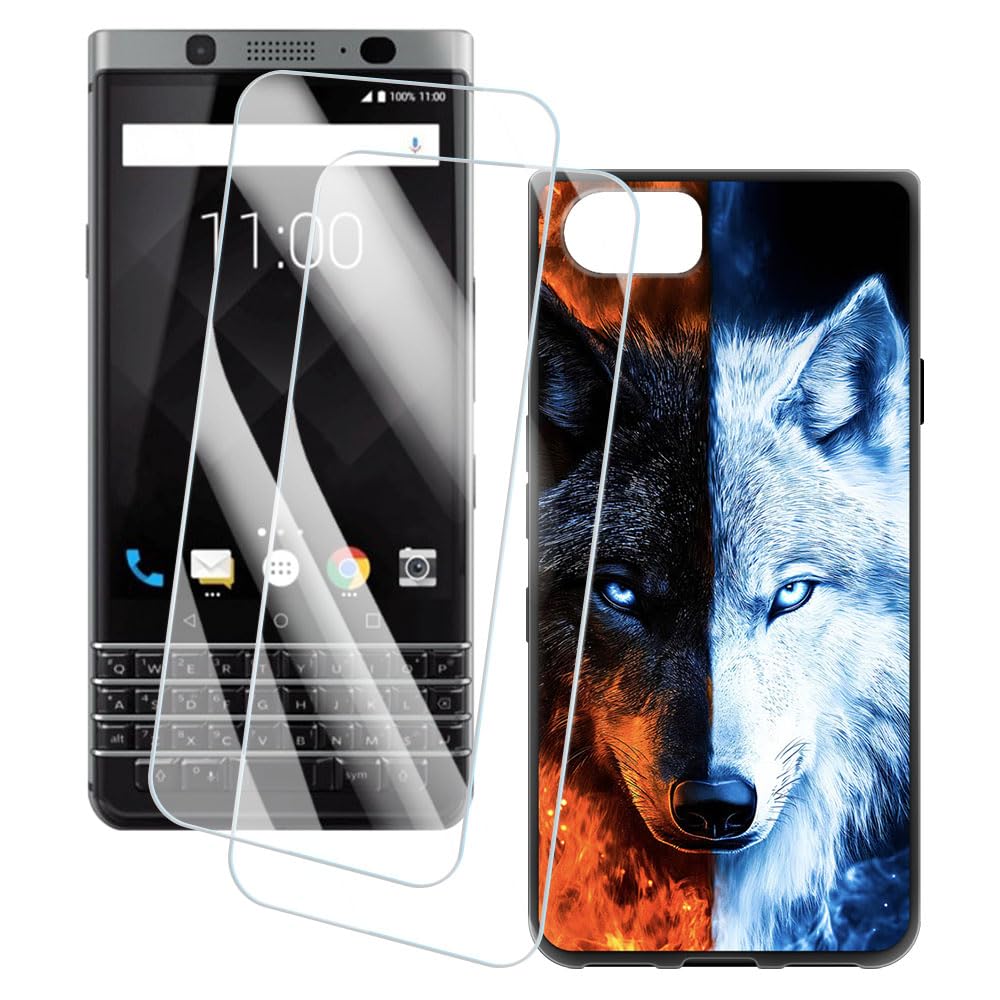 2 Pack Screen Protector + Case Compatible with BlackBerry Keyone DTEK 70 (4.5 inch) Case Artistic Cover and Tempered Glass Film Anti-Scratch (Wolf)