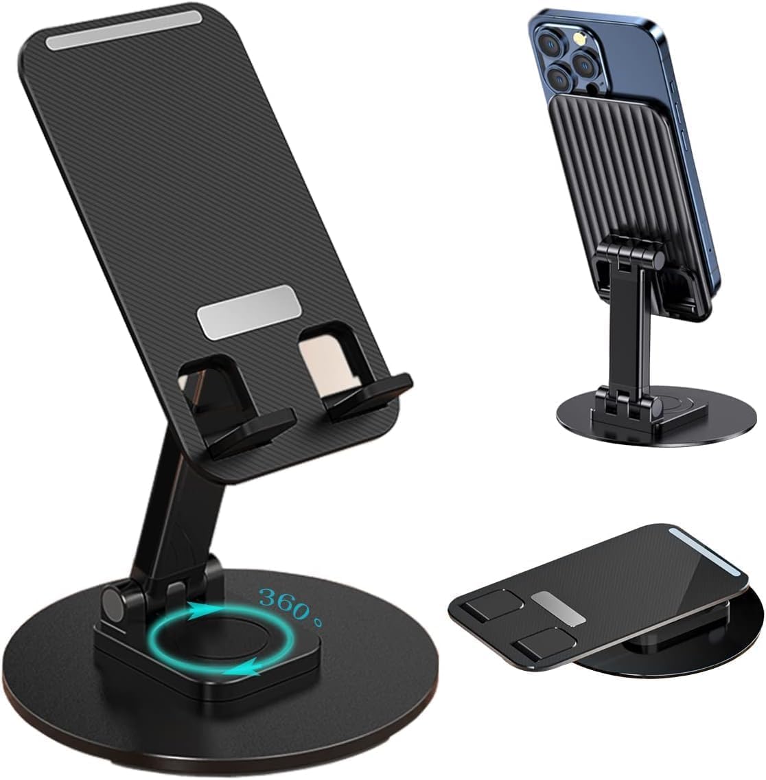 Mobile Stand for Desk 360° Rotation Height and Angle Adjustable Phone Holder for Table Foldable Desktop Mobile Holder for Home, Study & Video Shoot Fit for 4-10'' Smatphones (Black)