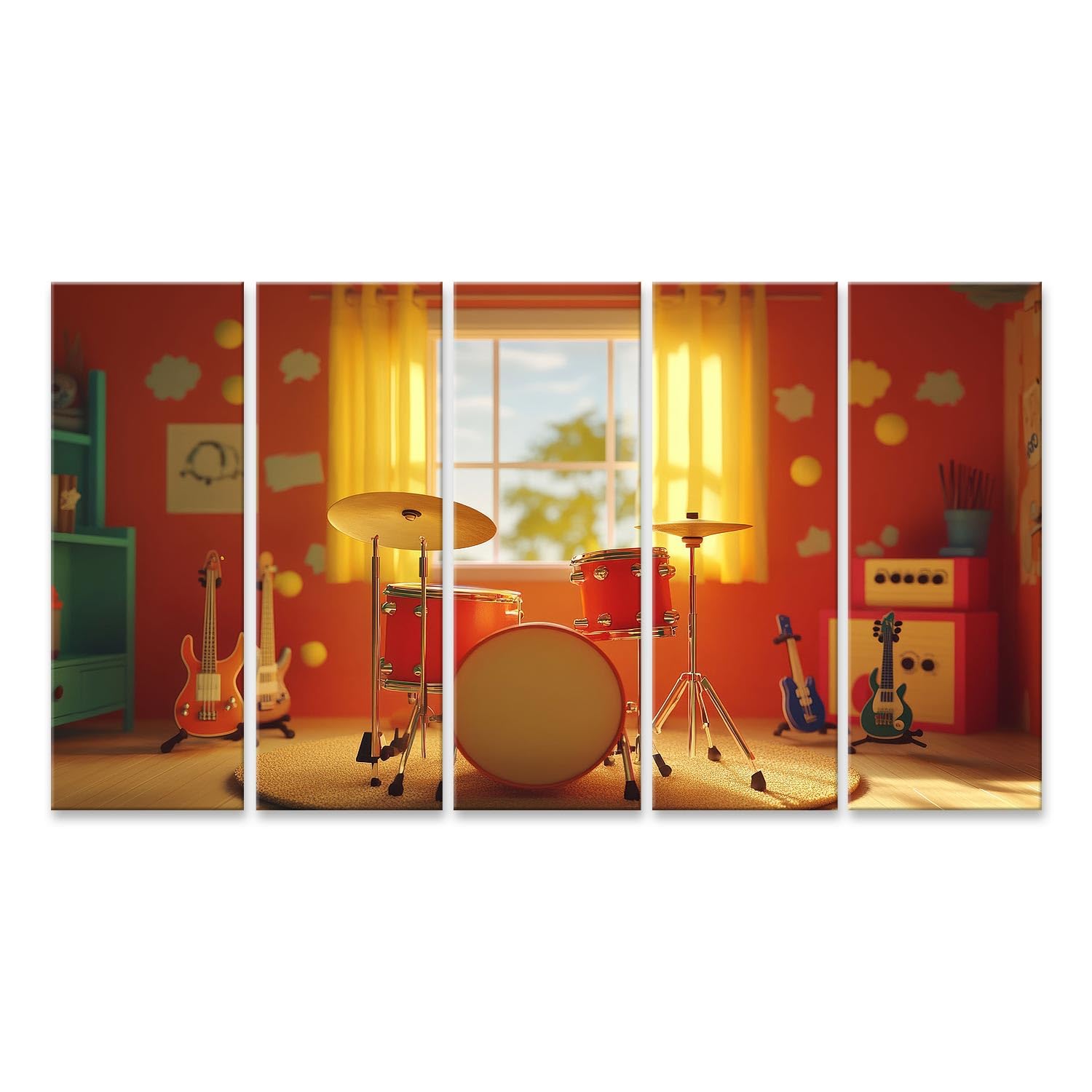 islandburner Quadro su tela Sala musicale soleggiata con batteria e chitarre per sala musicale, amanti della musica, negozio di musica, immagini da parete poster