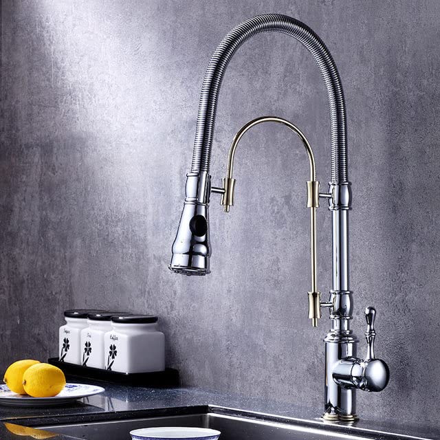 AETOOL - Kitchen Faucets 360 Swivel Solid Chrome and Golden Brass Kitchen Tap Single Handle Mixer Sink Taps Hot and Cold rubinetto cucina (Chrome and Golden)