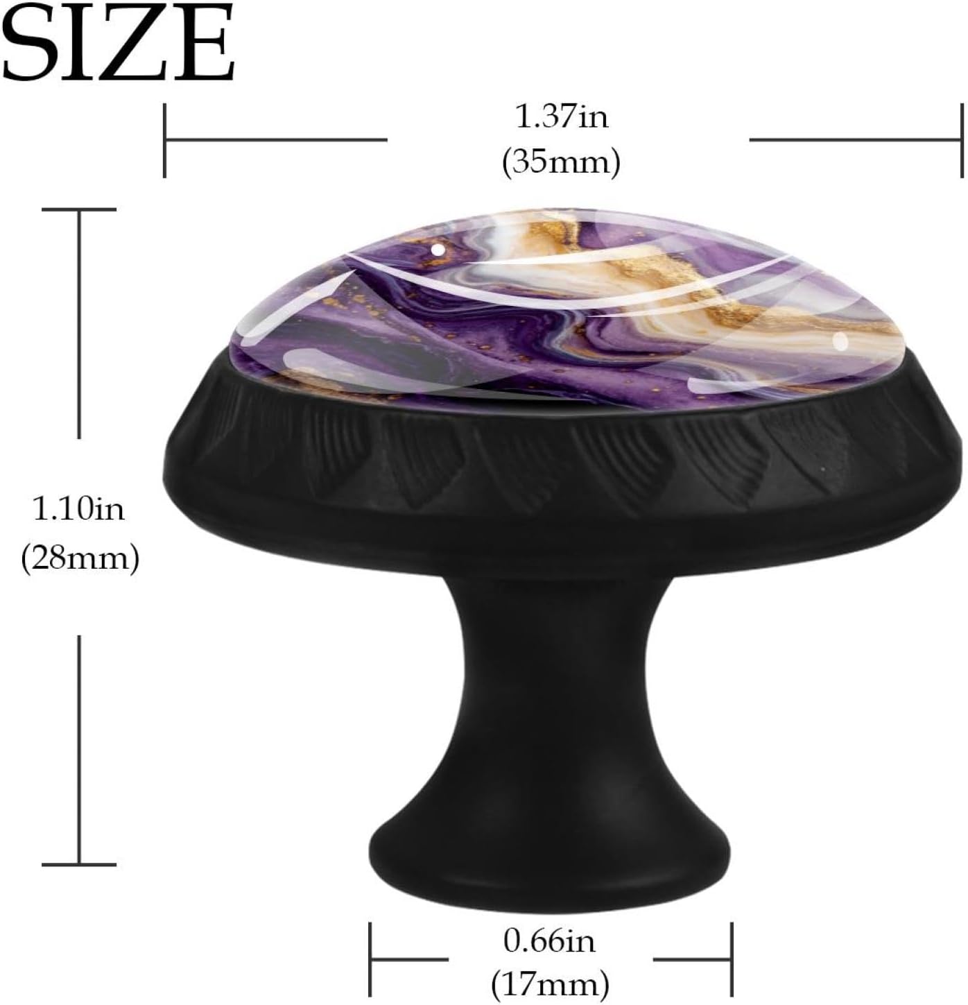 Black Base Purple and Gold Marble Texture (3) Glass Cabinet Knobs, Practical Drawer Pulls for Kitchen Cabinet Bathroom