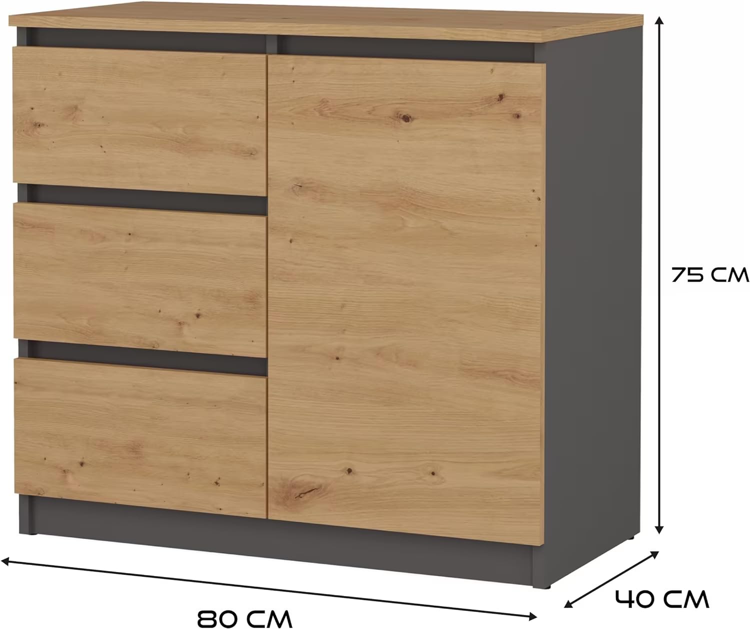CDF Kommode Anthrazit Artisan 1 Tür und 3 Schubladen Komode & Sideboards Sideboard 75 cm Hoch Wohnzimmer Schubladenkommode Komodenschrank 40x80x75 für Schlafzimmer Arbeitszimmer Flur Schubladenschrank