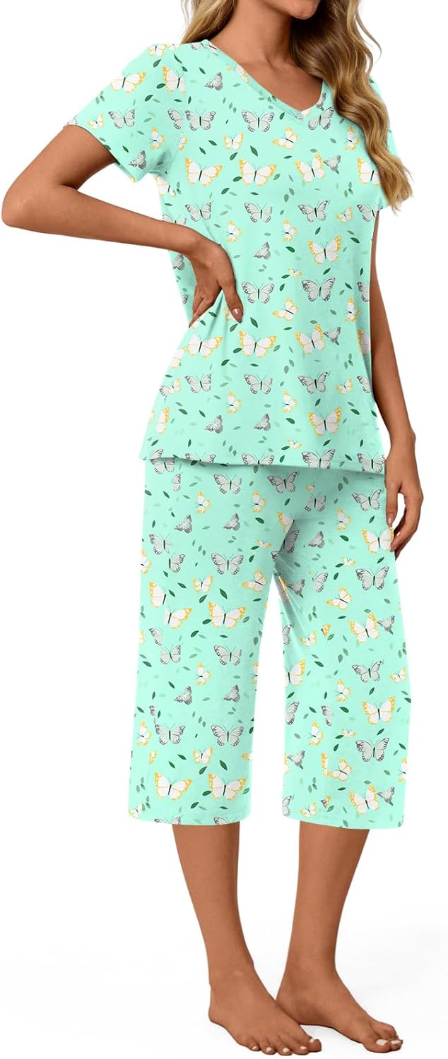 syoss Womens Pajamas Set 2 Piece Pj Sets Summer Loungewear Soft Capri Sleepwear With Pockets - Image 2