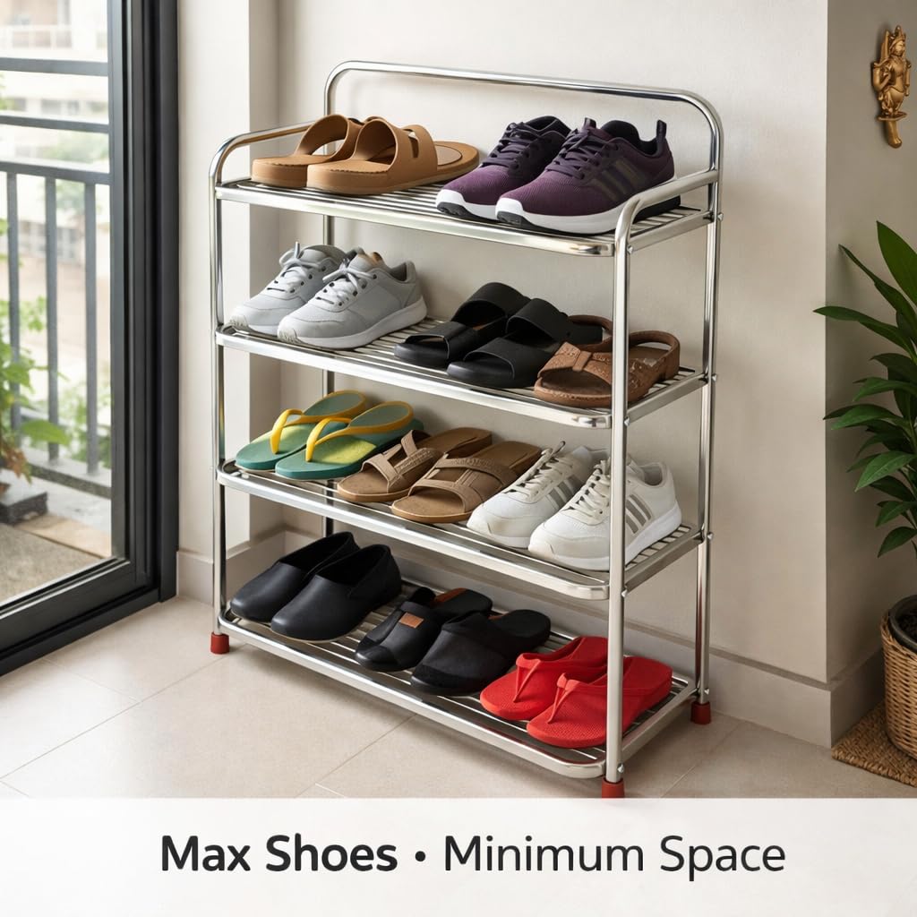 auram Stainless Steel Shoe Rack for Home - 4-Layer Heavy Duty Shoe Organizer Stand - Rust Proof Metal Shoe Shelf for Entryway, Bedroom & Balcony - Strong & Durable Footwear Storage Rack 4