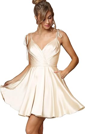 Tvuyet Womens V Neck Homecoming Dresses for Teens with Pockets A Line Short Prom Dress Satin Formal Ball Gown