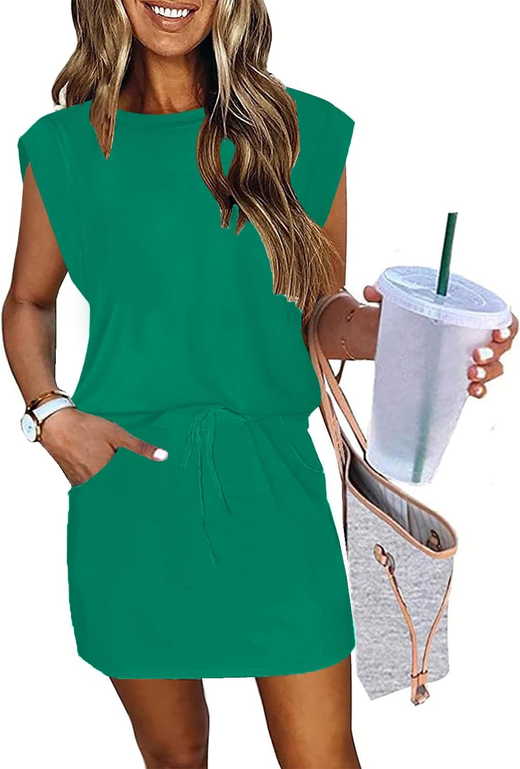 Womens Cap Sleeve Summer Dress Crew Neck Tie Front A-Line Dresses Double Layer Hem Mini Dress
