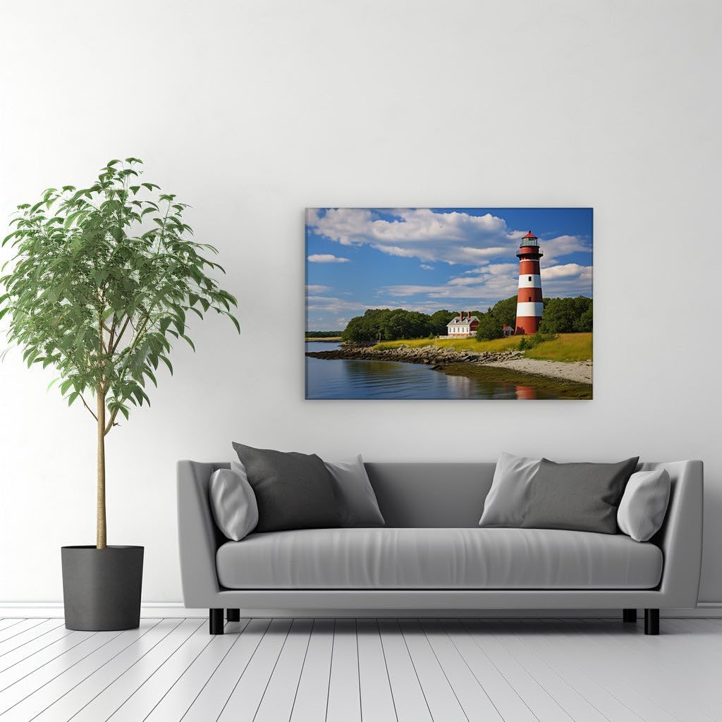 Canvas for Living Room. Lighthouse Elegance: Red and White Stripes Against a Pastoral Shoreline Escape, 27 x 18 inch Canvas Wall Art - Modern Home Decor