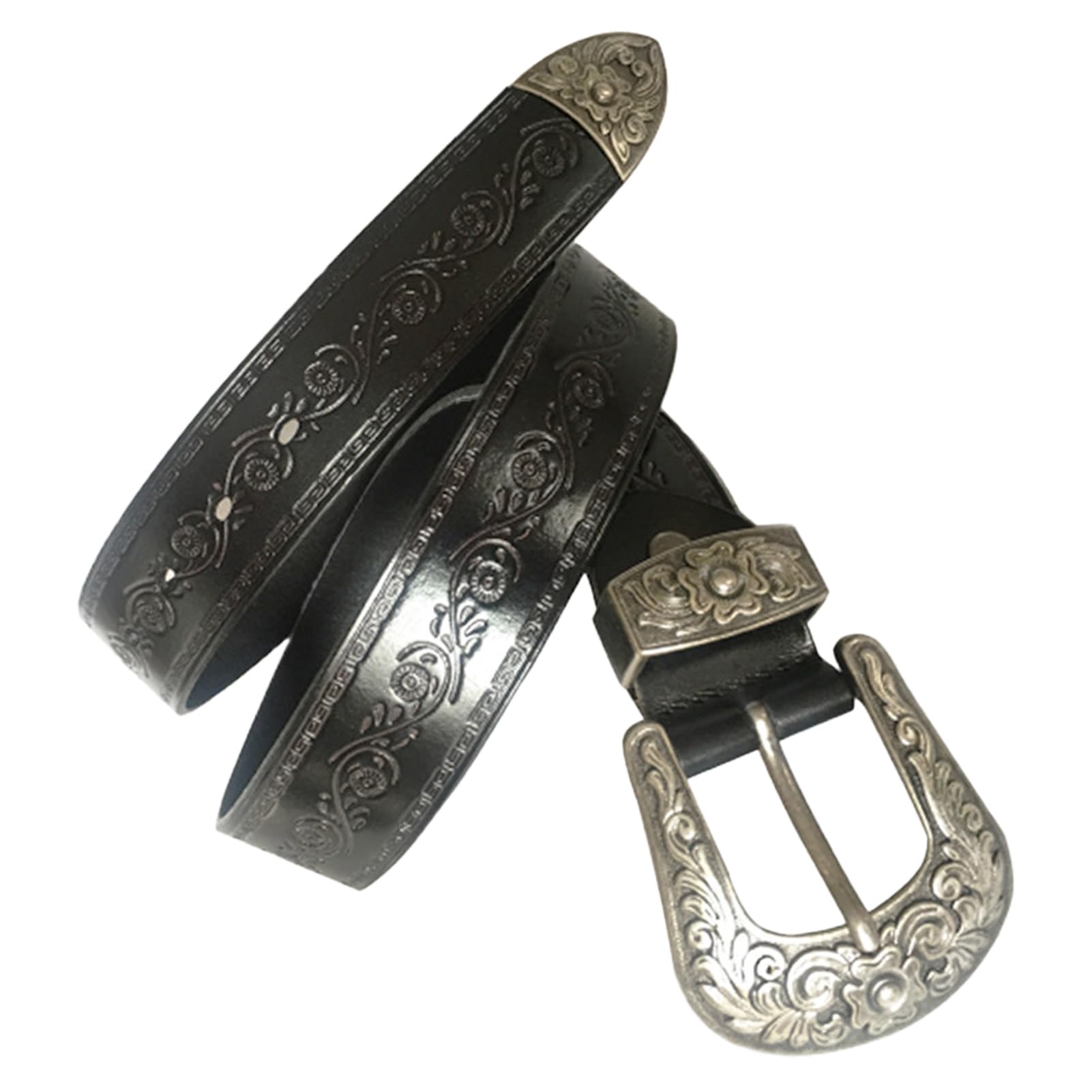 Gürtel, Extra Langer Westerngürtel for Damen und Herren, Cowboy- Cowgirl-Gürtel, Blumengravur, echtes Leder, 35 mm breit(Black,120cm/waist:40"~42")