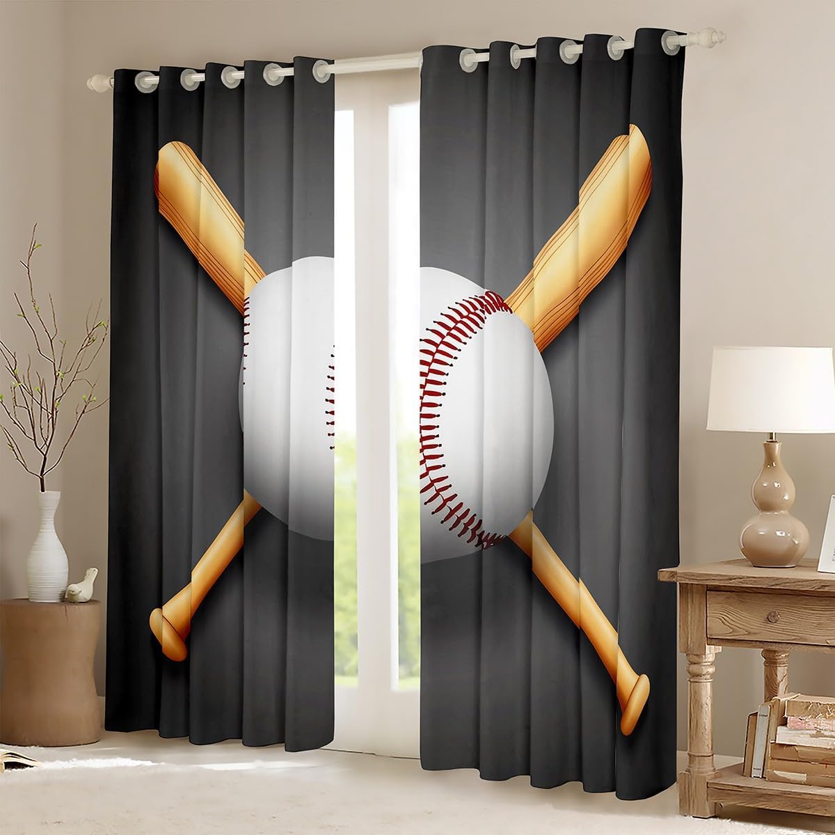 Feelyou Sports Baseball Curtain 3D Baseball Bat Printed Blackout Curtain for Bedroom for Kids Boys Teens 3D Baseball Thermal Curtain Sports Bedspread,Gray,52 X 84 Inch,2 Panels