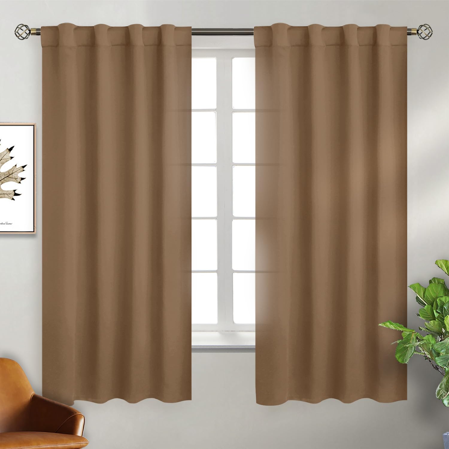 BGment Taupe Curtains 63 inch Length for Bedroom - Rod Pocket and Back Tab Blackout Curtains Thermal Insulated Room Darkening Curtains for Living Room