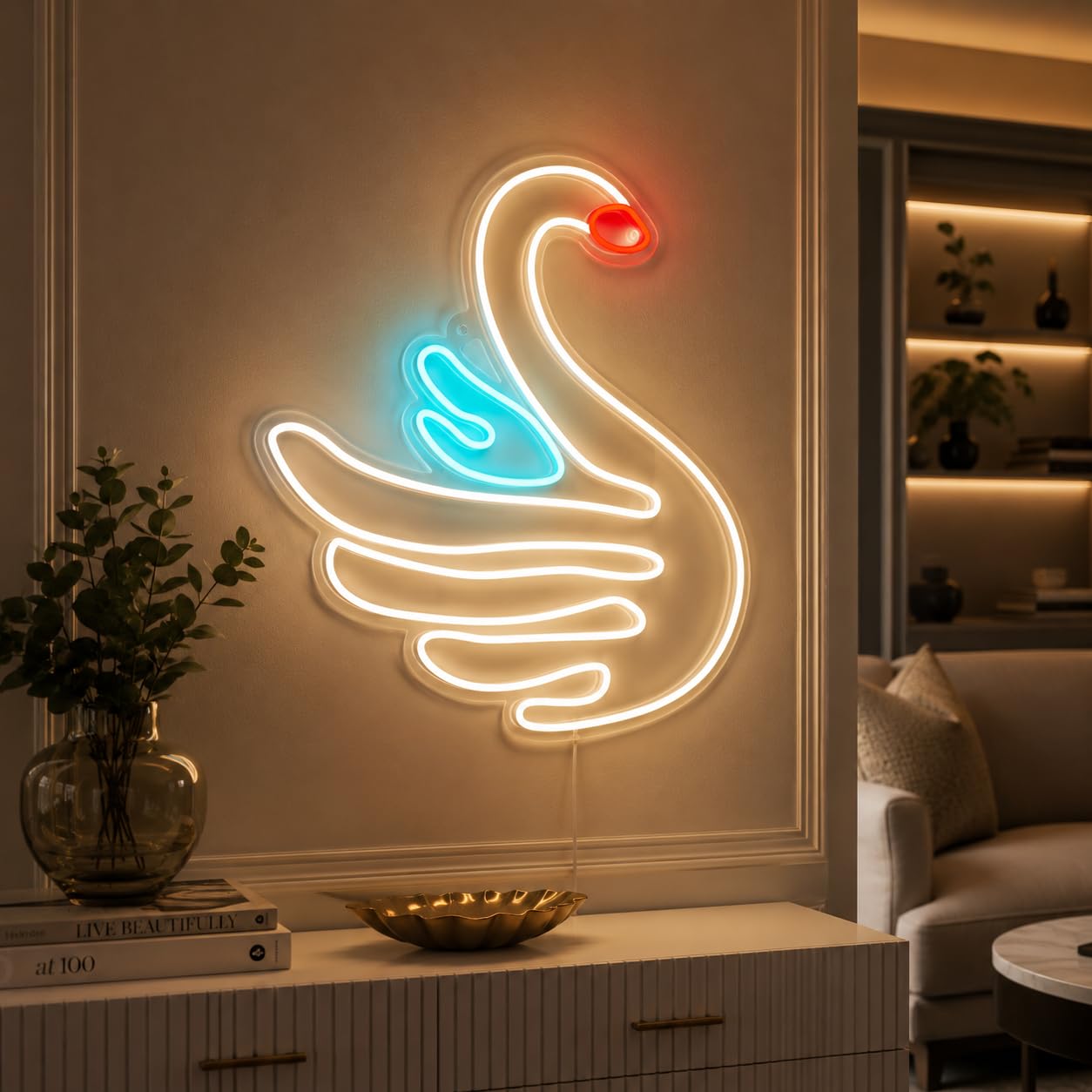 Letrero Cisne Blanco Cartel Luminoso LED Escaparate, Decoración de Pared en Metacrilato, Luz Brillante, aproximadamente 50cm alimentación 12v