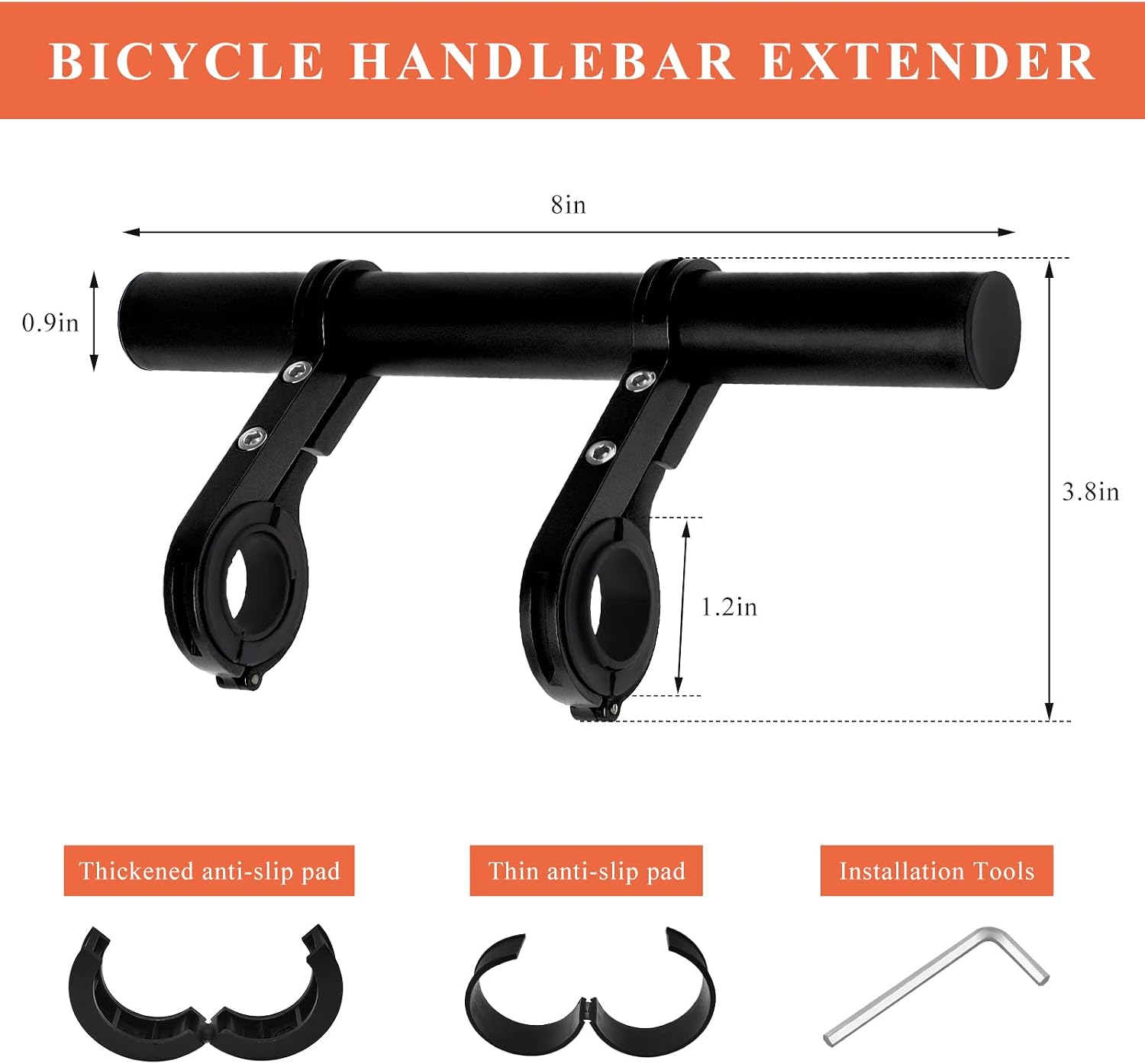 Bike Handlebar Extender, 8" Handlebar Extension with Two Mounting Clamp Brackets, Multifunctional Aluminum Alloy Bicycle Handlebar Extender for Headlight Speedometer Phone Mount (Black)