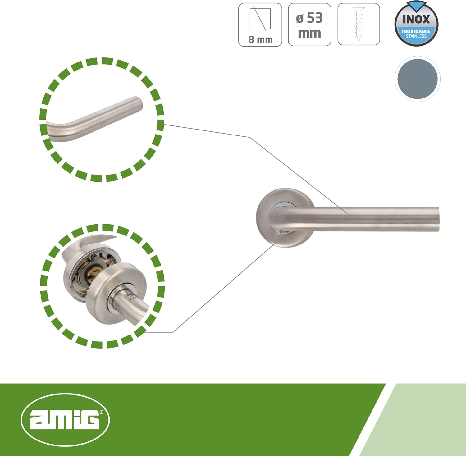 Amig - Set of Handles with Rosette for Door | Mod. 4E | Stainless Steel 18/8 | Ø53 mm | Square 8 mm | Silver