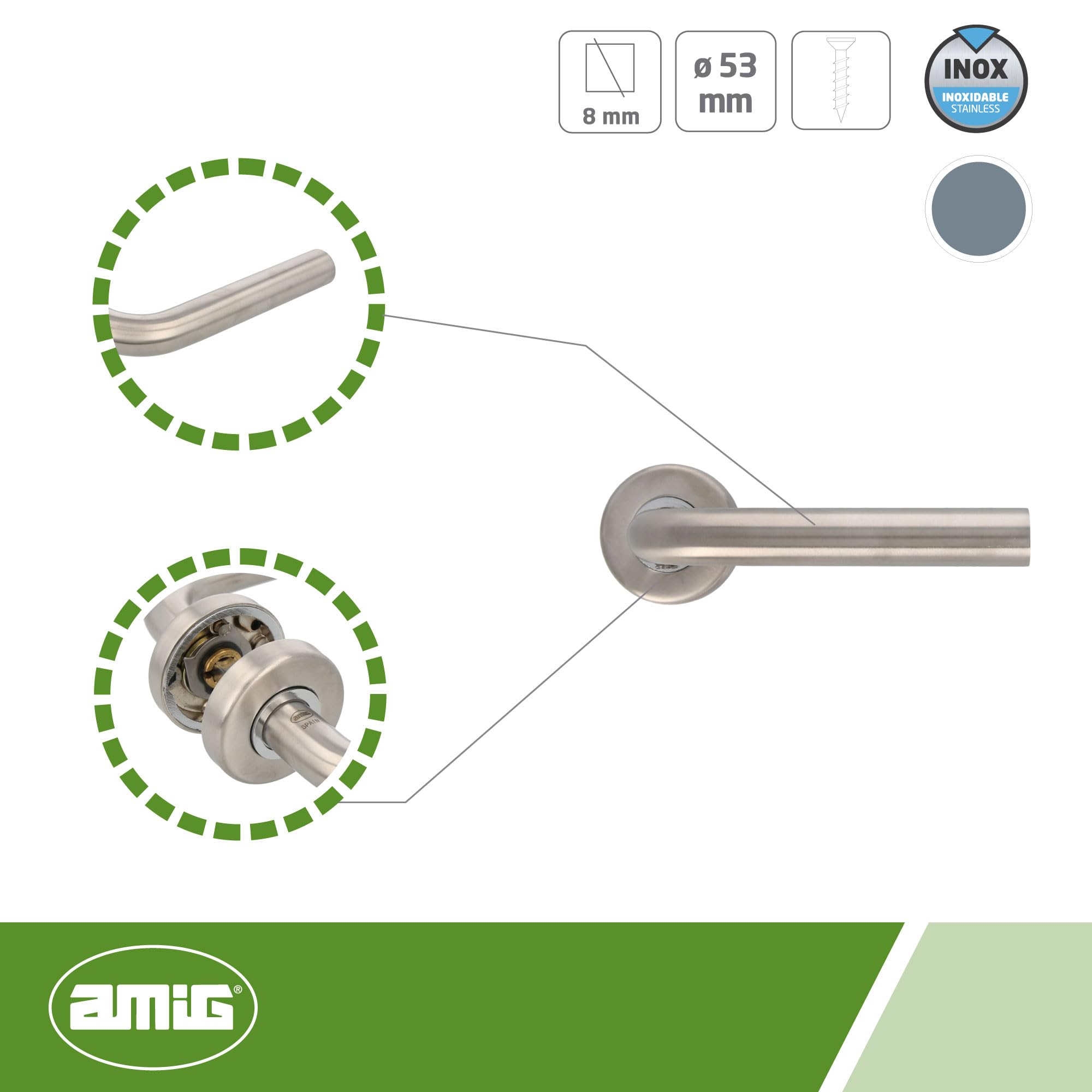 Amig - Juego de Manillas con Roseta para puerta - Mod. 4E - Acero inoxidable 18/8 - Ø53 mm - Cuadradillo de 8 mm - Plateado