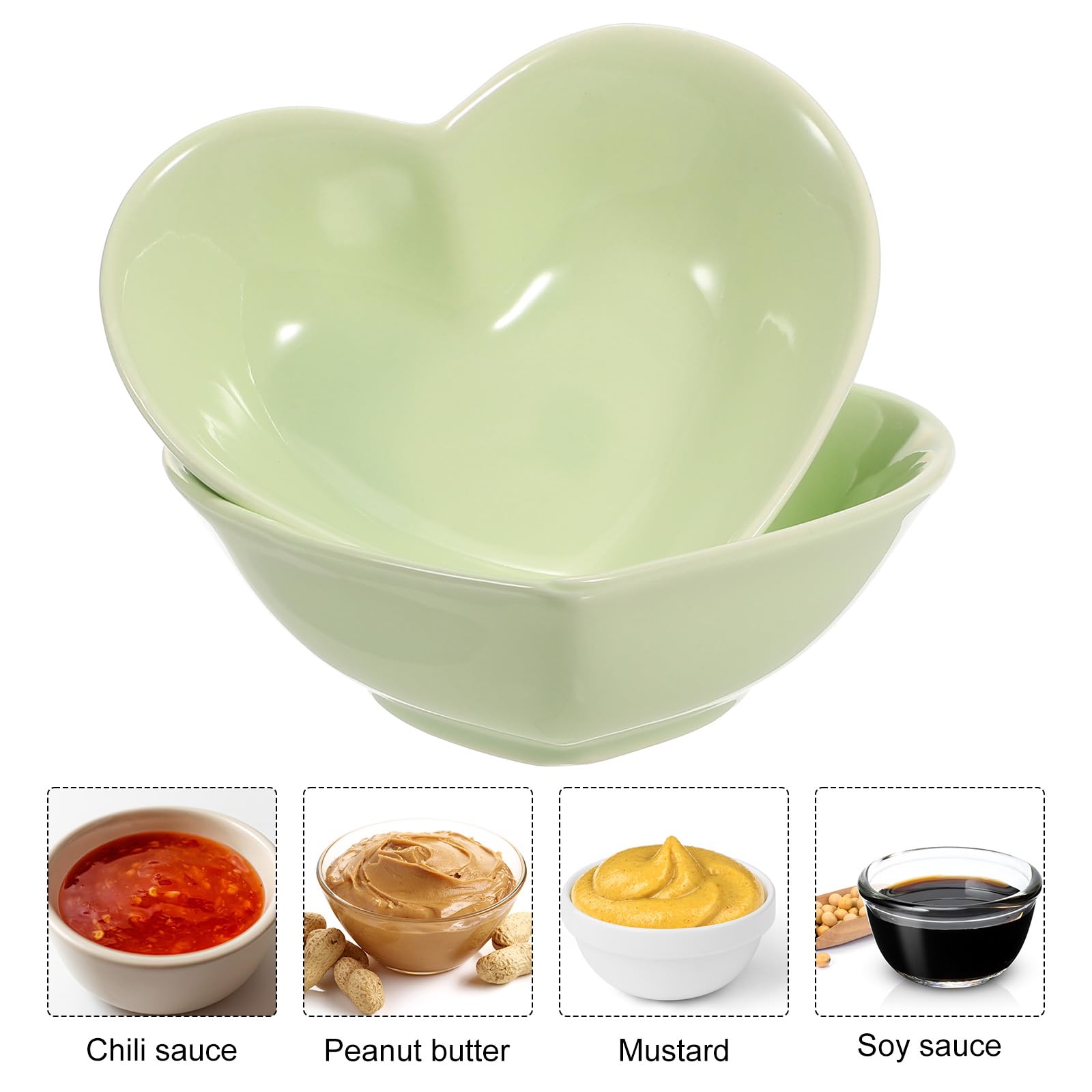 QUARKZMAN Cuenco Lateral De Cerámica Verde En Forma De Corazón Juego De 6 Platos De Porcelana De 5" Platos Mini Para Aperitivos Salsas Y Condimentos Para Cocina Hogar Bodas Fiestas