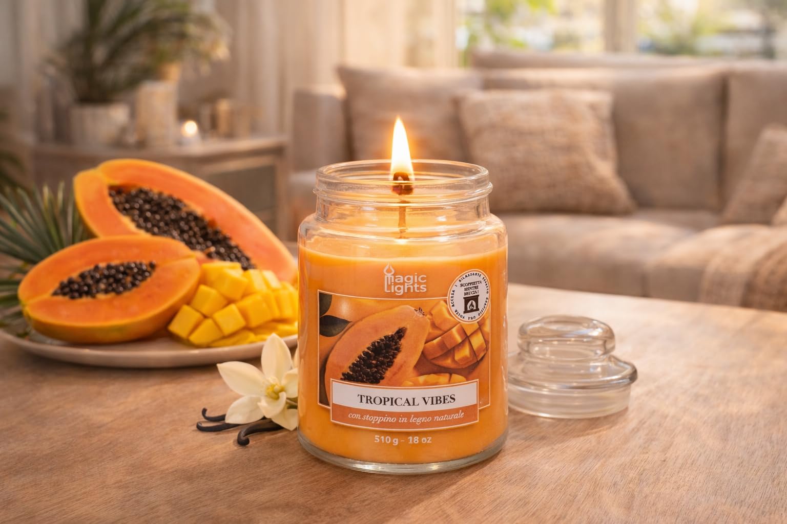 Świeca słoika 510 g Tropical Vibes - Papaya - Mango z woskiem roślinnym min. 75% - naturalny knot drewniany, wyprodukowany we Włoszech