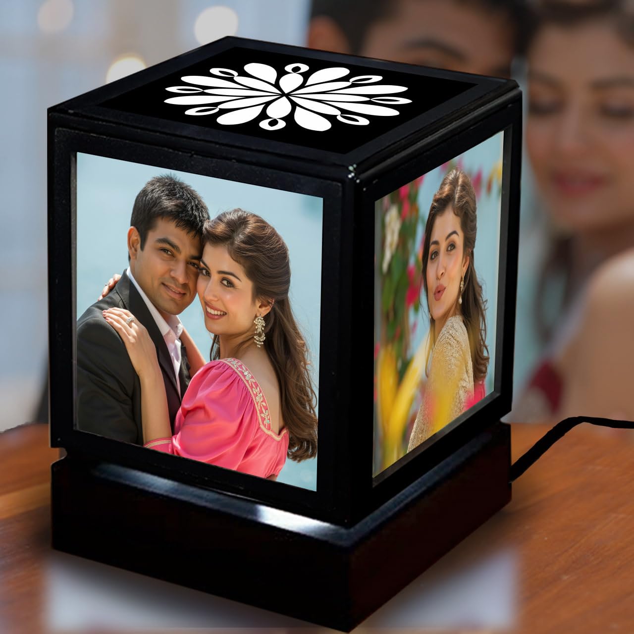 ZAVARIO LED Rotating Photo Lamp with 4 Custom Pictures – Black Acrylic Personalized Gift for Couples, Wife, Her – Valentine's Day, Anniversary, Romantic Gift