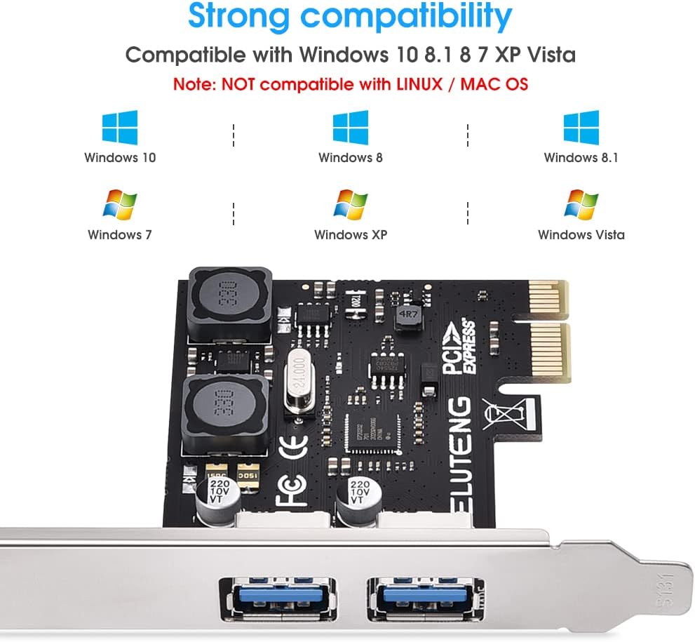 ELUTENG PCIe USB 3.0 card with logos for Windows 10, 8, 8.1, 7, XP, and Vista, indicating strong compatibility. A note states it is NOT compatible with LINUX / MAC OS.