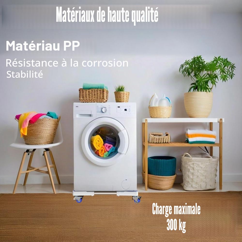 Socle amovible pour machine à laver, socle réglable de 41 à 65 cm, pour sèche-linge, réfrigérateur, haute résistance, amortisseurs et réduction du bruit [Classe énergétique A+++] (4 roues)