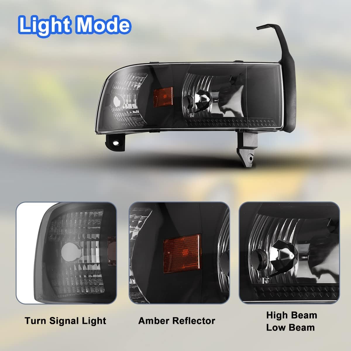 ROXX Headlights Assembly for 1994-2001 Dodge Ram 1500 2500 3500, 1995-2002 Dodge Ram 4000, Headlights w/Amber Reflector, High Low Beam, Driver & Passenger Side (Without DRL)