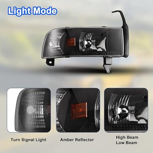 Miniatura 8 de ROXX Conjunto de faros delanteros para Dodge Ram 1500 2500 3500 1994-2001, Dodge Ram 4000 1995-2002, faros delanteros con reflector ámbar, haz alto