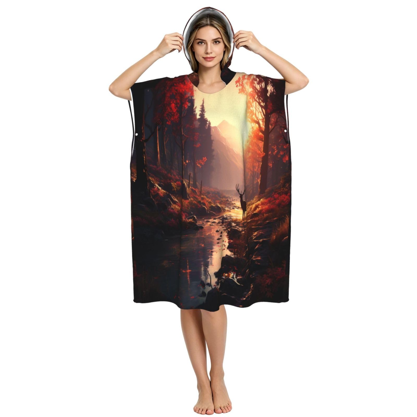 Poncho de plage à capuche pour adulte Motif cerf dans la forêt de feuilles rouges 109 x 89 cm