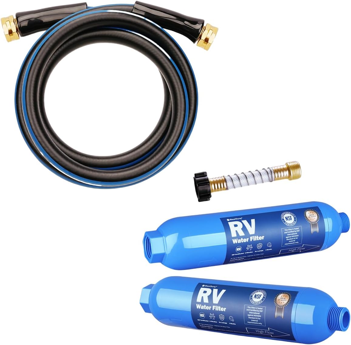 SheeChung Short Garden Hose 2ft x 5/8" and RV Water Filter 2 Pack with Flexible Hose Protector for RV, Boat, Campsite – Reduces Odors, Bad Taste, Chlorine, Rust