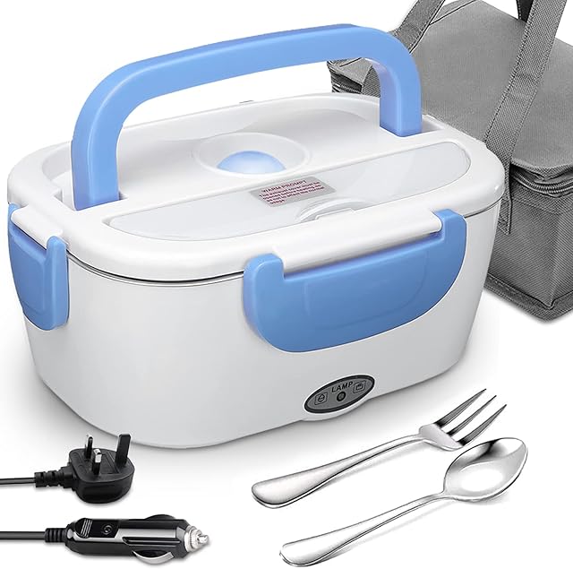 AUTOPkio Electric Heating Lunch Box, 3 in 1 12V 24V 220V 40W Thermal Food Heater Warmer with 1.5L Detachable Stainless Steel Container for Car, Truck, Office (Blue)