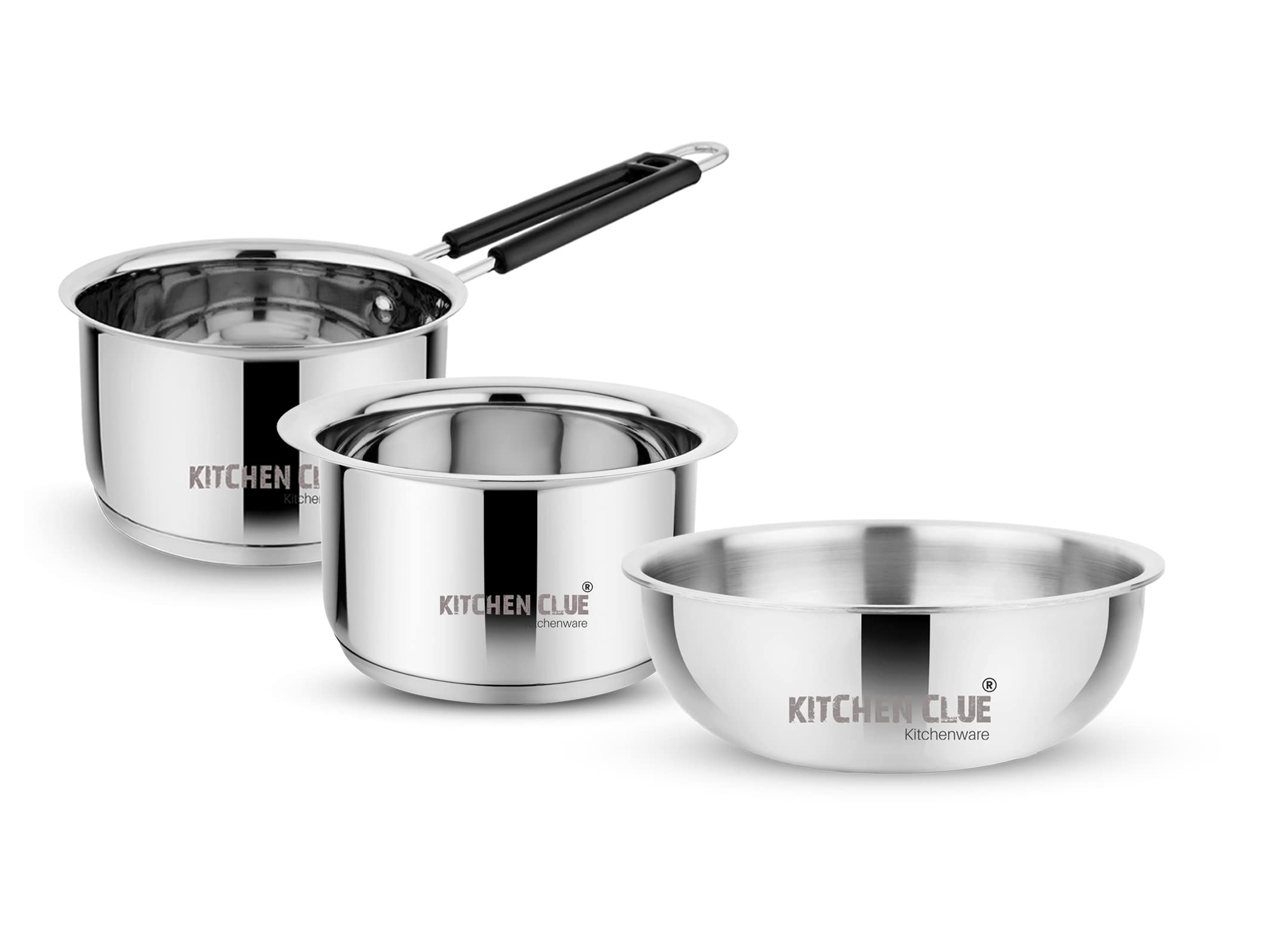KITCHEN CLUE Tri-ply Stainless Steel Cookware Set - Tasla (1500 ML), Sauce Pan (1600 ML) & Milk Tope/Patila (1600 ML) - Induction Compatible with Encapsulated Sandwich Bottom - Essential Cooking Set (B0B86F1FJT) Amazon Price History, Amazon Price Tracker