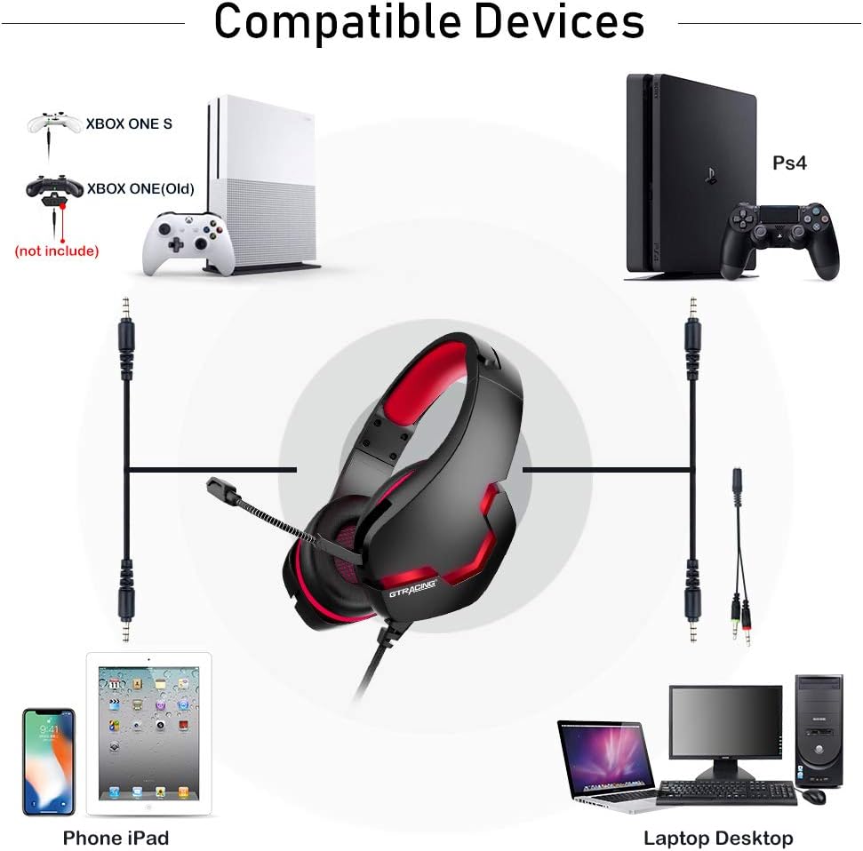 GTRACING Gaming Headset Ps4 Headset,Headset with Microphone/Noise Canceling/Led Light/ 3D Surround Stereo Sound Bass Soft Earmuffs,Pc Headset for Laptop, Ps4,Gaming Consoles,Games,Red